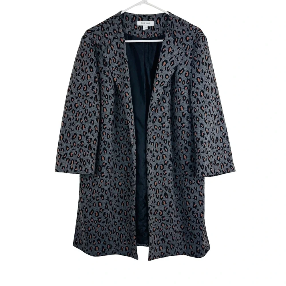 Nine West Gray Leopard‎ Print Open Front Coatigan Cardigan Jacket Chic